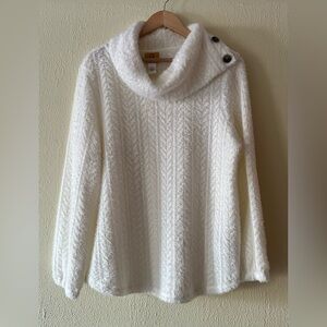 Ruby Red Cozy White Cable-Knit Cowl Neck Sweater